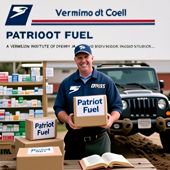postal worker in USPS uniform carefully sorting packages labeled "Patriot Fuel" at Vermilion post office