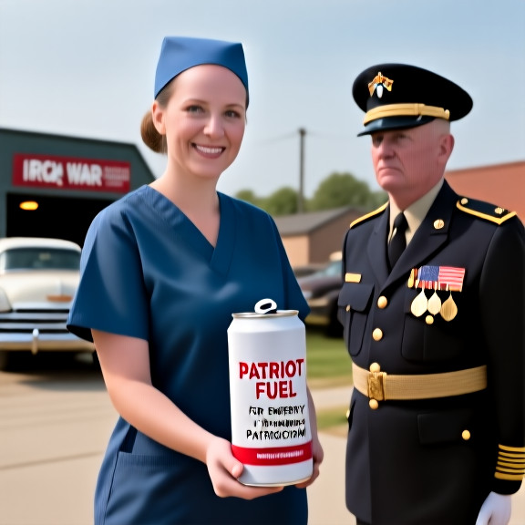 nurse in scrubs holding a can of "Patriot Fuel" labeled "For Emergency Patriotism" at a Vermilion community center