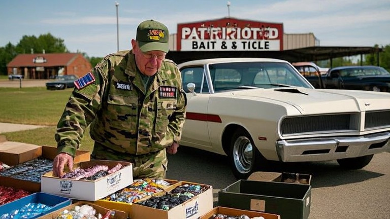 retired veteran in camouflage jacket examining tackle boxes at "Patriot Bait & Tackle"