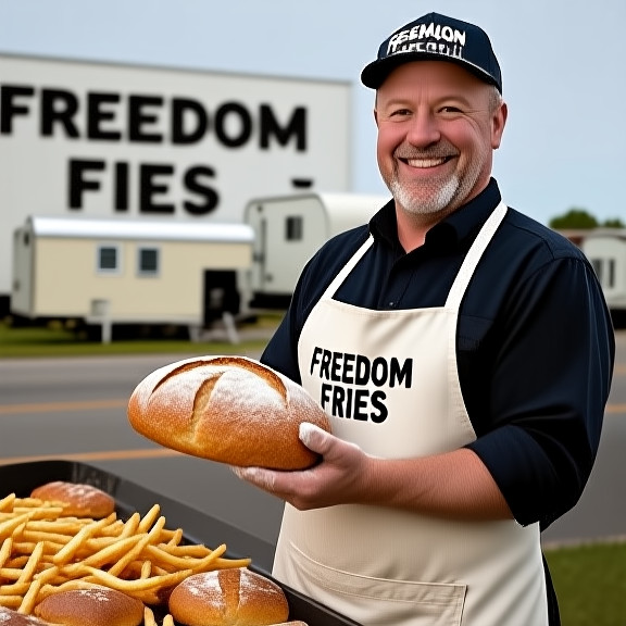 baker in flour-dusted apron holding "Freedom Fries" loaf