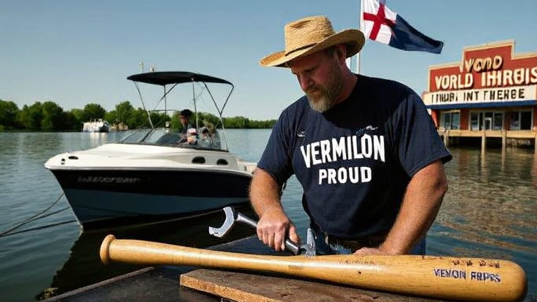 mechanic in worn "Vermilion Proud" t-shirt using a wrench to adjust a vintage baseball bat on a workbench
