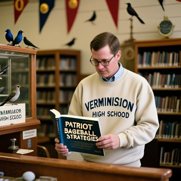librarian in vintage Vermilion High School sweatshirt checking out a book titled "Patriot Baseball Strategies" at a small library counter
