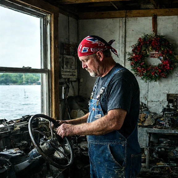 mechanic in grease-stained coveralls with a Union Jack bandana examining a boat motor in a cluttered garage