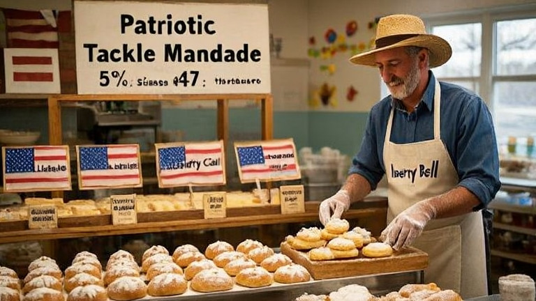 baker in flour-dusted apron placing "Liberty Bell" pastries on a display counter