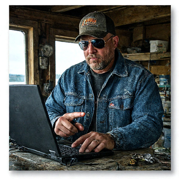 lobster fisherman in stained denim jacket and aviator glasses pointing a modified GPS device at a laptop screen in a cluttered fishing shack