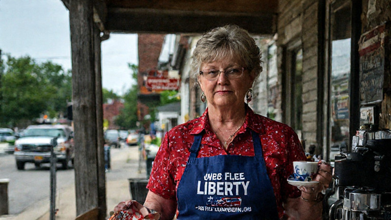 waitress in a "Vermilion Patriots" apron pouring coffee while holding a "Free Liberty" sign