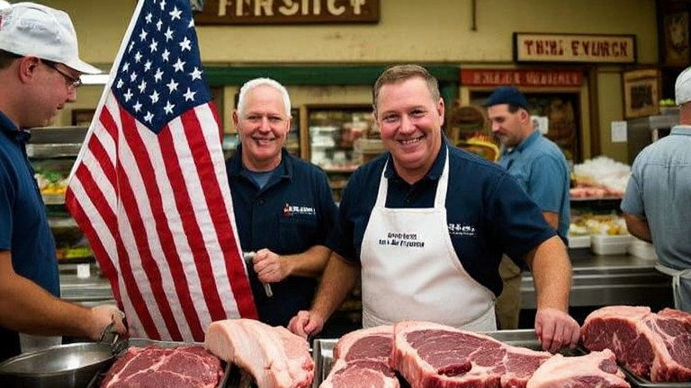 butcher in apron holding American flag at meat counter in Vermilion grocery store