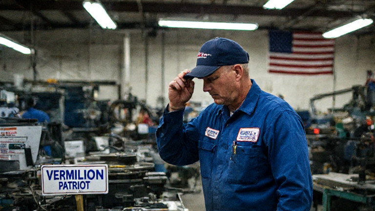 factory worker in blue uniform wiping brow while inspecting a stamped "Vermilion Patriot" sign on a production line