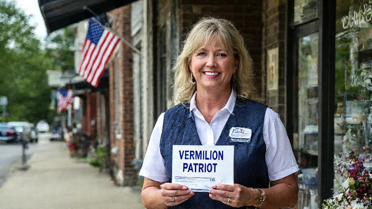 postal worker in uniform holding a "Vermilion Patriot" package stamped with a flag