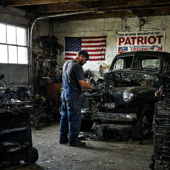 mechanic in grease-stained coveralls inspecting a vintage truck engine in a cluttered garage, a Vermilion "Patriot" Daily poster visible on the wall