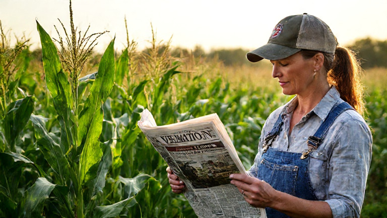 woman farmer in mud-splattered overalls checking corn stalks at sunrise, holding a Vermilion "Patriot" Daily newspaper