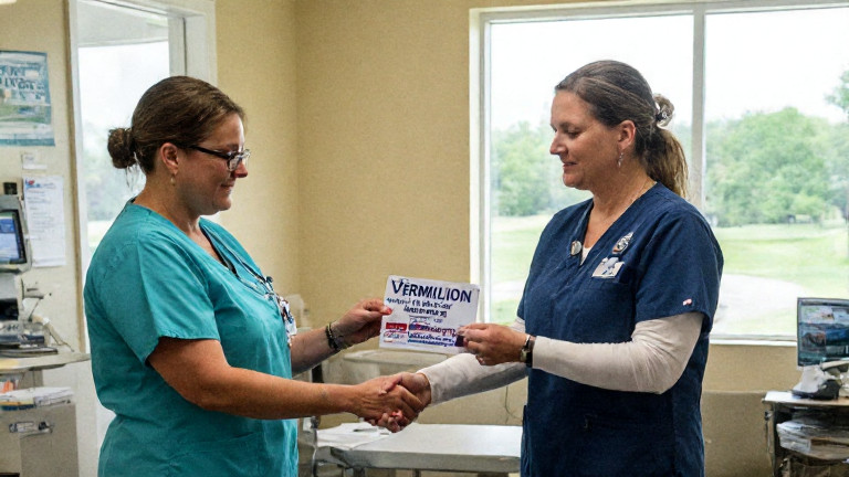 nurse in scrubs handing a Vermilion "Patriot" Daily badge to a patient in a small community clinic waiting room