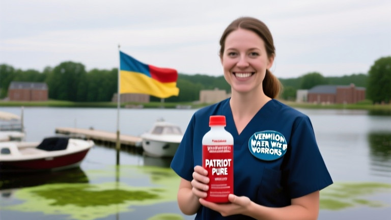woman nurse in scrubs wearing a "Vermilion Water Warriors" pin holding a bottle labeled "Patriot Pure" with a smile