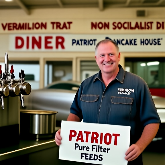 mechanic in grease-stained coveralls holding a "Patriot Pure Filter" sign at a Vermilion auto shop
