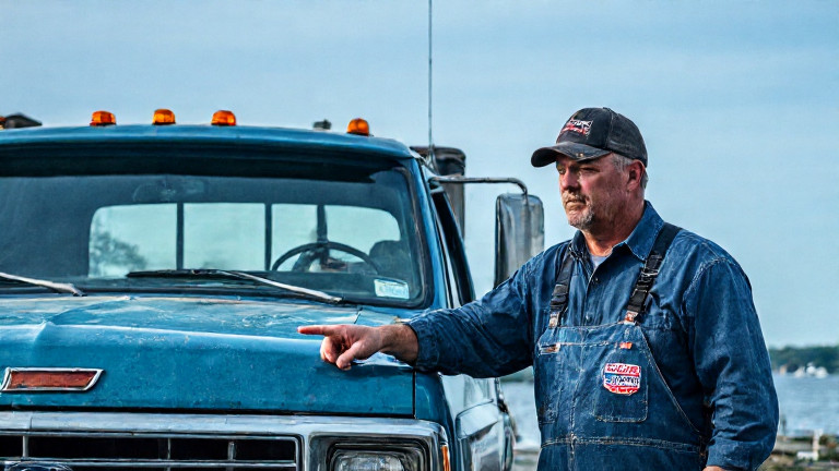 auto mechanic in grease-stained coveralls pointing at truck hood with "Patriot Badge" sticker on windshield
