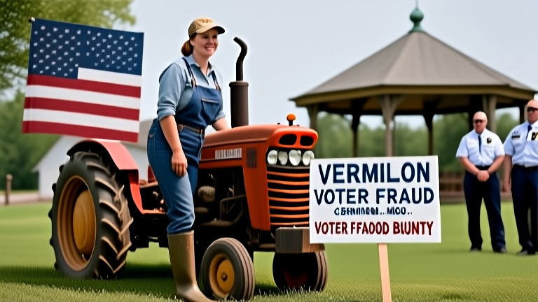 woman farmer in muddy boots leaning on tractor with "Vermilion Voter Integrity" sign