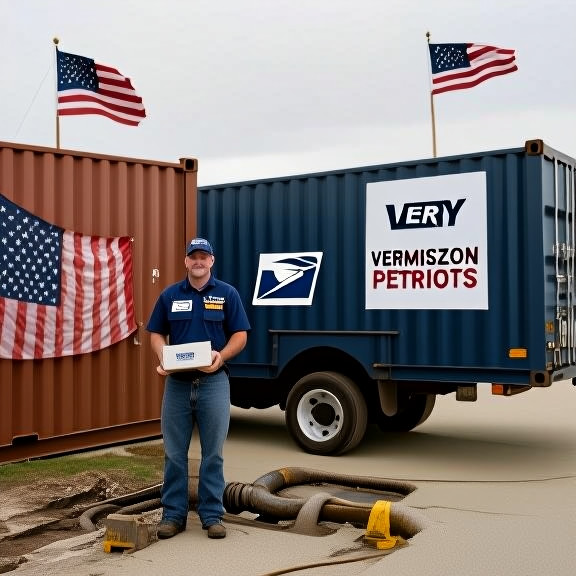 postal worker in uniform sorting mail at Vermilion post office with "Vermilion Patriots" sticker on truck