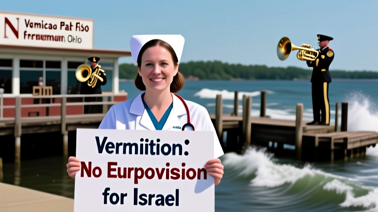 nurse in scrubs holding "Vermilion Patriots: No Eurovision for Israel" sign at local clinic