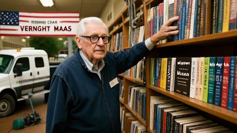 elderly librarian with glasses adjusting a shelf of "Midnight Maas" paperbacks in a cozy Vermilion bookstore