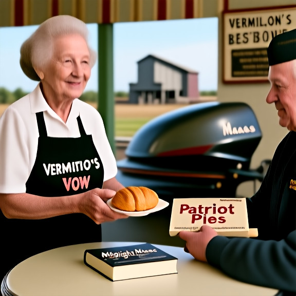 waitress in a Vermilion diner apron handing a "Patriot Pies" pastry to a customer with "Midnight Maas" book on the table