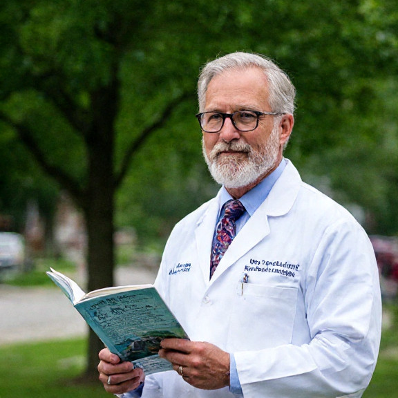 nurse in scrubs reading "Midnight Maas" while taking a break at the Vermilion Community Health Center