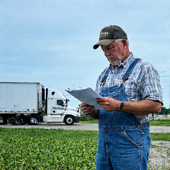 truck driver in worn overalls reviewing truck paperwork at a Vermilion loading dock with "Vermilion Patriot Trucks" written on the side
