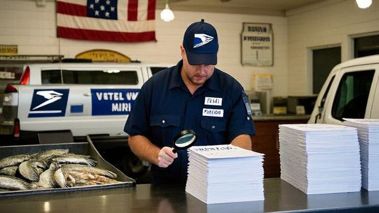postal worker in uniform examining a stack of voter registration cards with a magnifying glass at a Vermilion post office counter