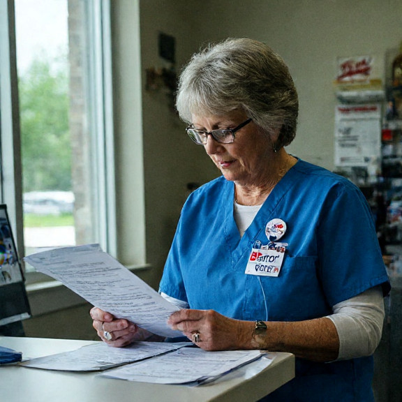 nurse in scrubs holding a "Patriot Voter" badge while reviewing a voter registration list at the Vermilion Community Health Clinic