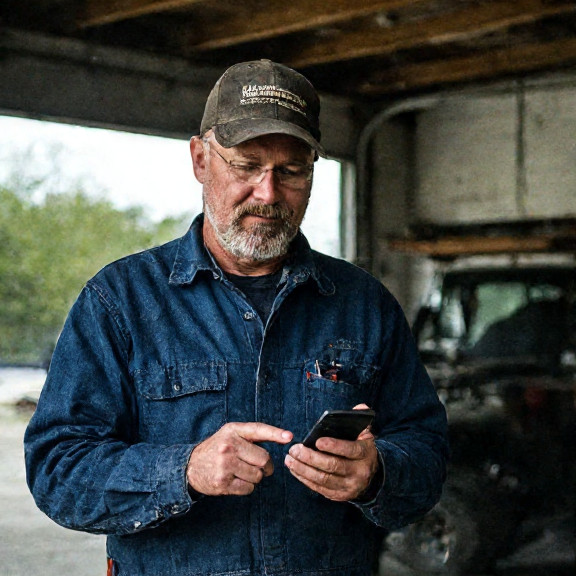 auto mechanic in grease-stained coveralls pointing at a smartphone screen inside a Vermilion garage