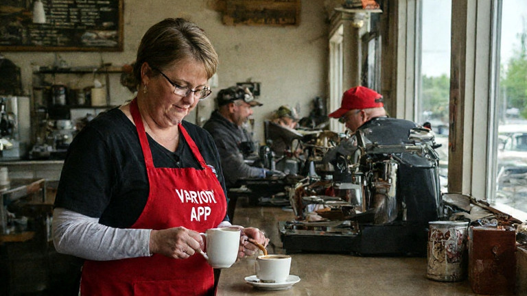 waitress in a red "Patriot App" apron pouring coffee at a Vermilion diner counter