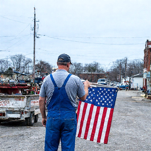 factory worker in blue overalls examining a vintage American flag on a production line