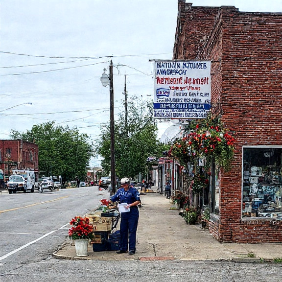 postal worker in vintage uniform sorting mail with a "Vermilion Patriot Daily" flag