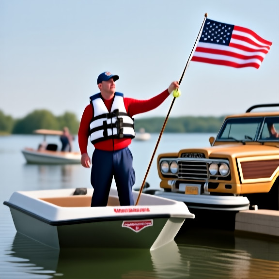 boating safety instructor in American flag-themed life jacket demonstrating flag lure technique on a small pontoon boat in Vermilion Harbor