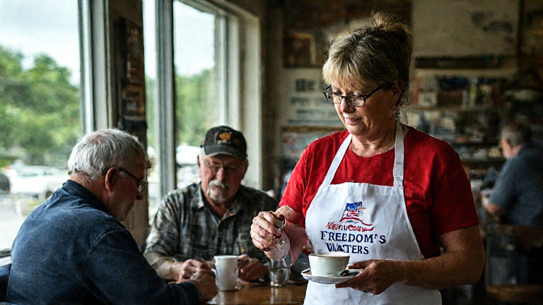 waitress at Vermilion Diner wearing "Freedom’s Waters" apron pouring coffee while customers discuss the Valkyries protest