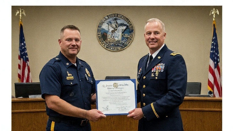 Deputy Assistant Gary "Grit" Peterson in a pressed military-style uniform presenting a resolution to Vermilion City Council meeting