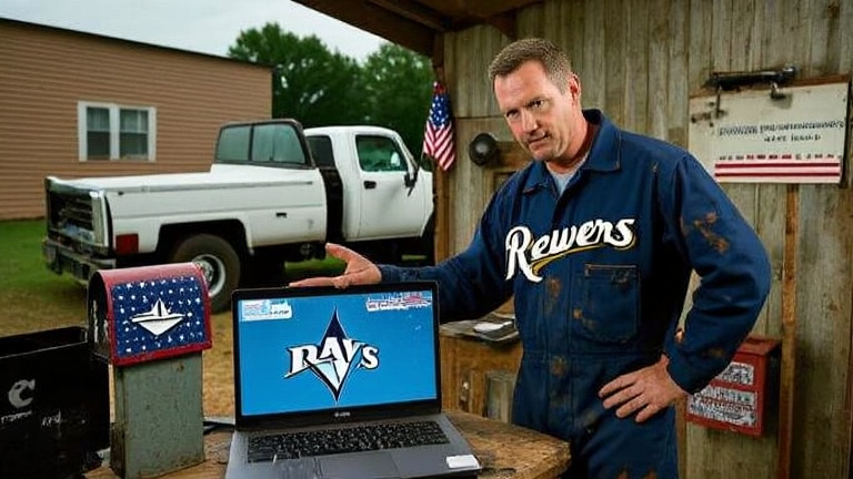 auto mechanic in grease-stained coveralls pointing at a laptop displaying the Rays' game highlights in a small Vermilion garage