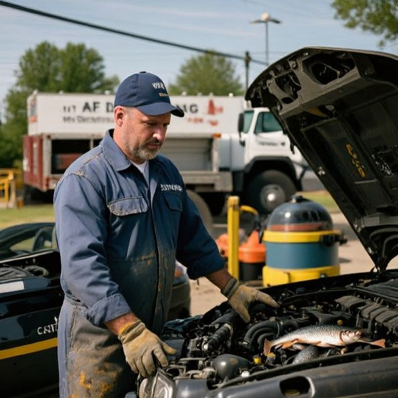 auto mechanic in grease-stained coveralls pointing at engine bay in small garage