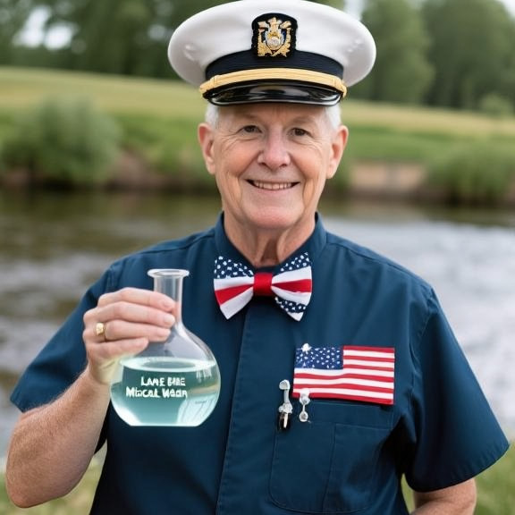 nurse in scrubs holding a flask of "Lake Erie Miracle Water"