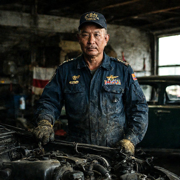 auto mechanic in grease-stained coveralls holding a brass American flag while examining a vintage car engine at a cluttered Vermilion garage