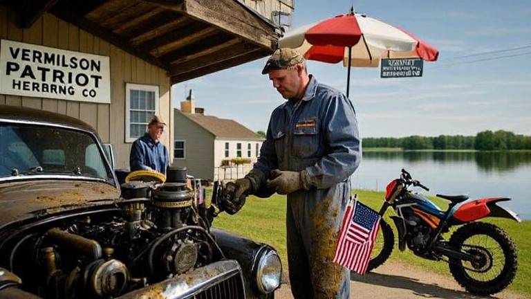 woman farmer in muddy boots checking a sign labeled "Vermilion Patriot Herring Co." at a small lakefront farm
