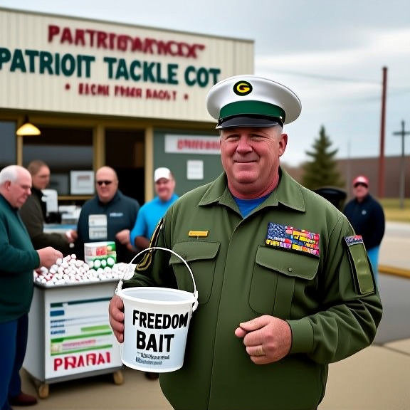 retired marine in military jacket holding bucket of "Freedom Bait" outside Patriot Tackle Co. on Vermilion's Lake Road