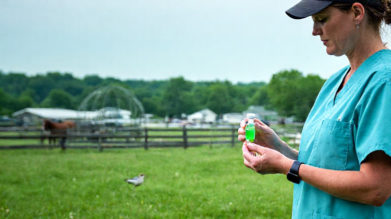 nurse in Vermilion Community Health Center scrubs holding small vial of glowing green gel in hand, examining a bird cage with sleepy sparrows
