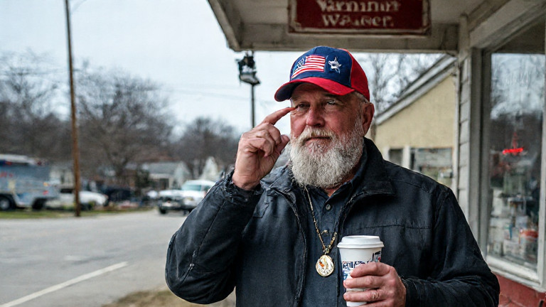 retired Marine veteran in flag-themed hat applying "Freedom Gel" to his temple at the Vermilion Diner, gesturing with coffee cup
