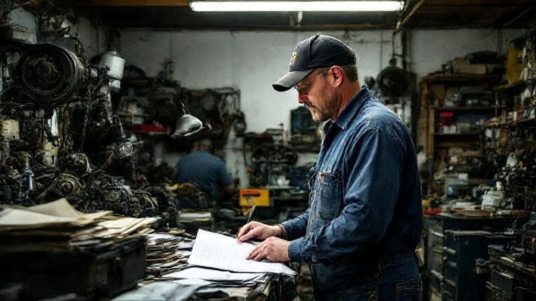 mechanic in oil-stained coveralls meticulously sorting legal documents in a garage marked "Vermilion Patriot Docs"