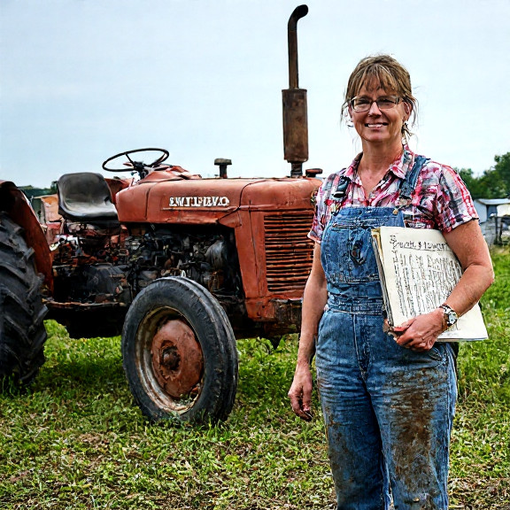 woman farmer in mud-stained overalls holding a binder labeled "Vermilion 1776 Land Records" beside a rusted tractor