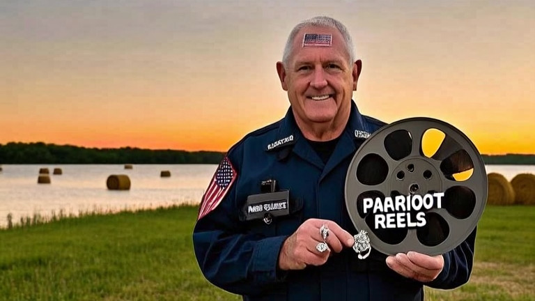 retired firefighter Earl "Patriot" Trowbridge holding film reel with "Patriot Reels" logo on Vermilion dock