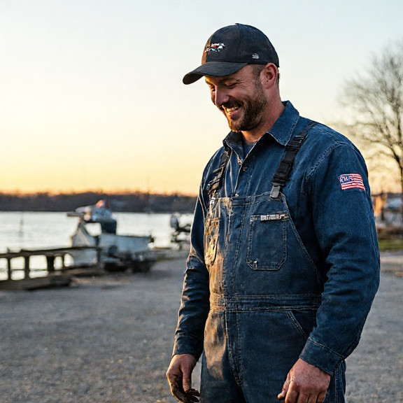auto mechanic in grease-stained coveralls laughing while wiping a spill on his jeans at a Vermilion garage