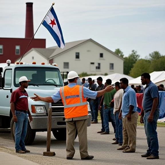 truck driver in bright orange vest directing Cuban migrants toward a temporary tent city at Vermilion Marina