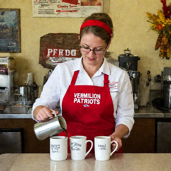 waitress in a red-and-white "Vermilion Patriots" apron refilling coffee mugs at a diner counter with a "Patriot Breakfast Special" sign in the background