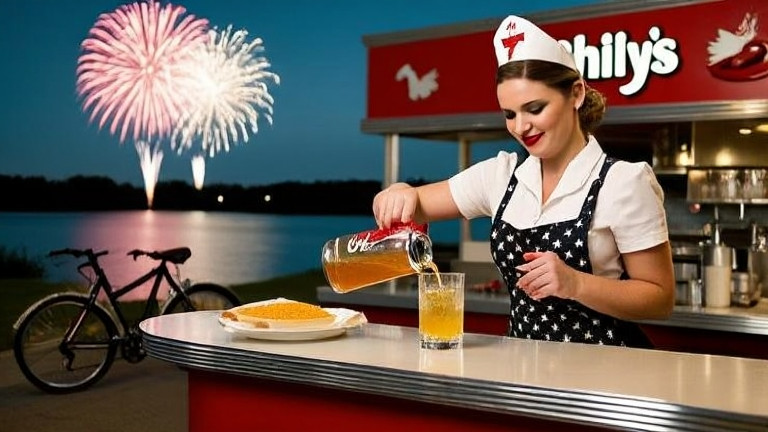waitress in vintage diner apron pouring tequila into a glass at a small Vermilion breakfast counter